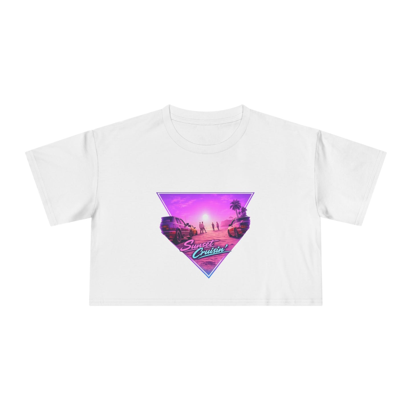 Women's Retro Sunset Crop Tee — "Sunset Cruiser" Vaporwave Beach Graphic