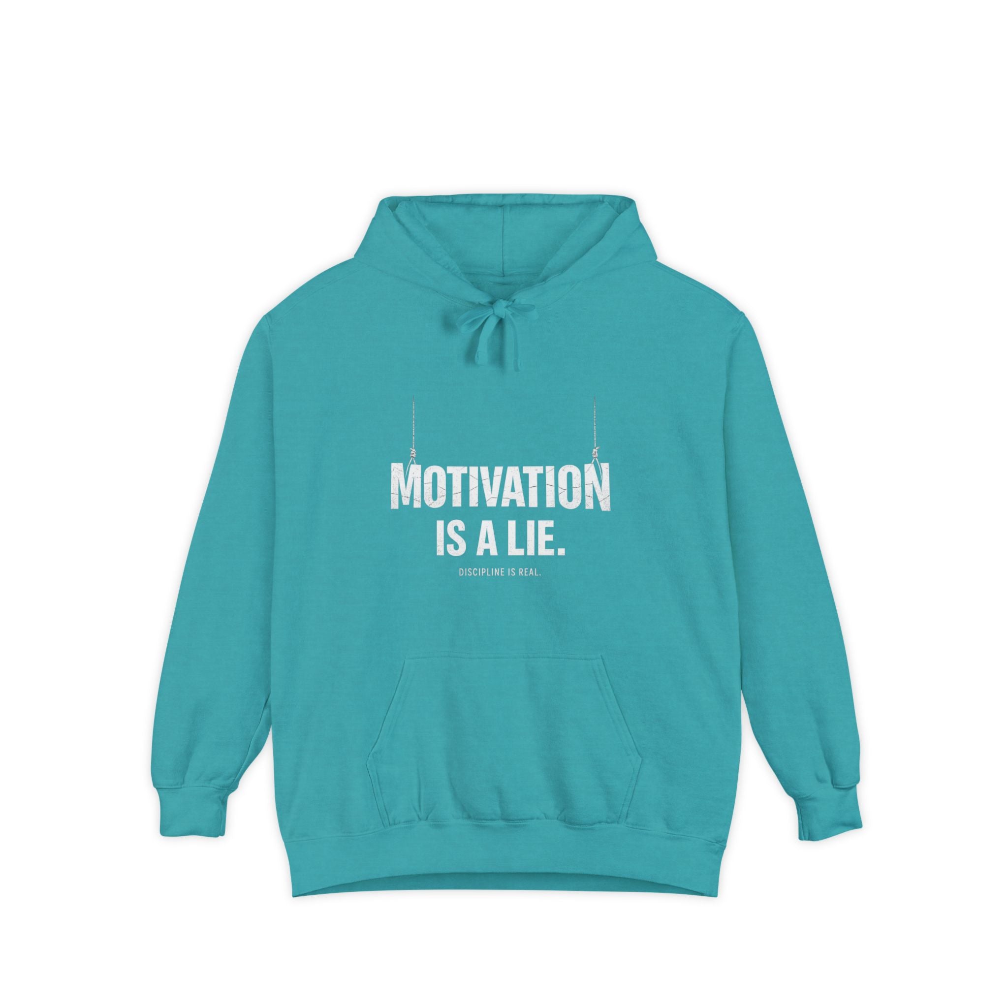 Motivation Is a Lie Hoodie — Dark Garment-Dyed Statement Sweatshirt