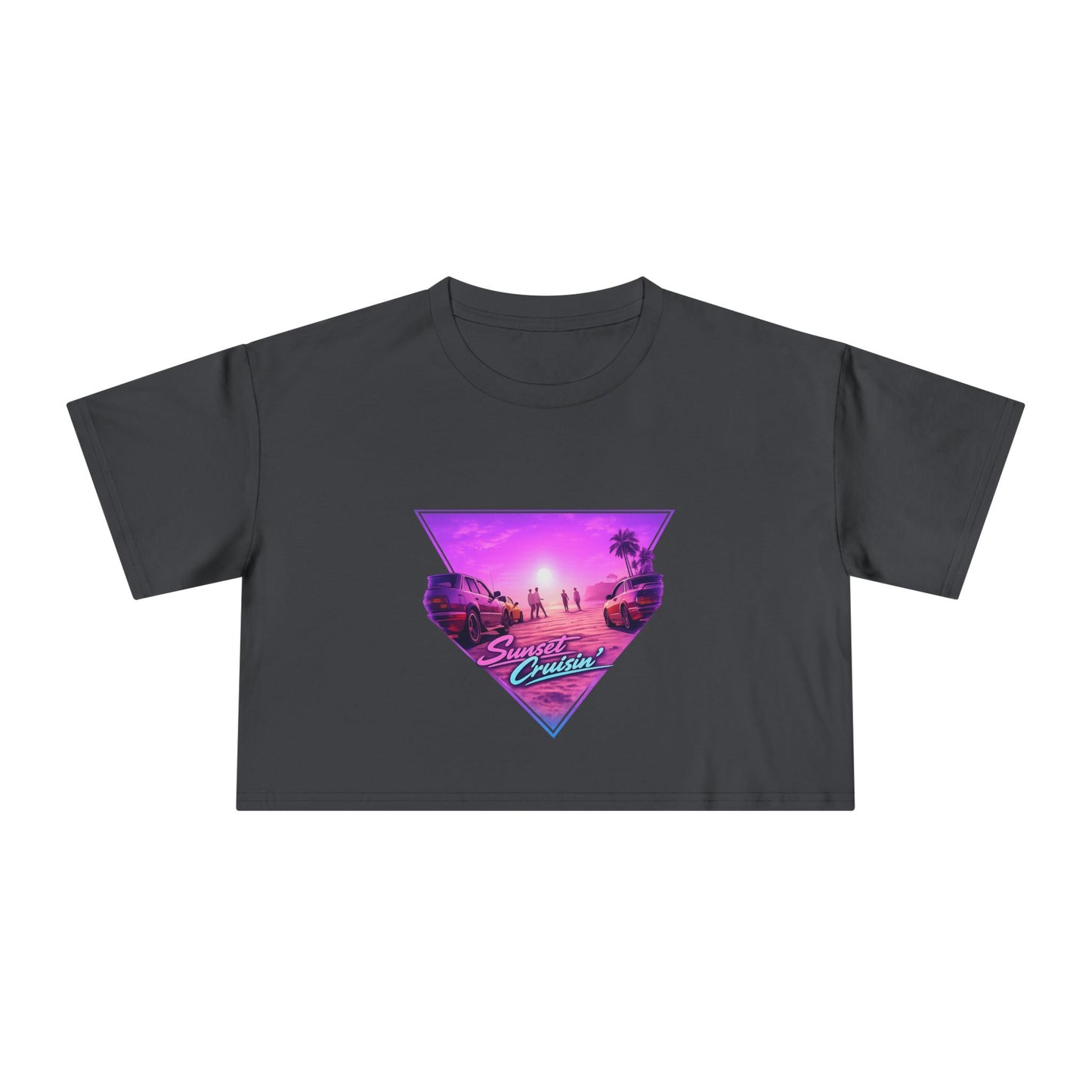 Women's Retro Sunset Crop Tee — "Sunset Cruiser" Vaporwave Beach Graphic