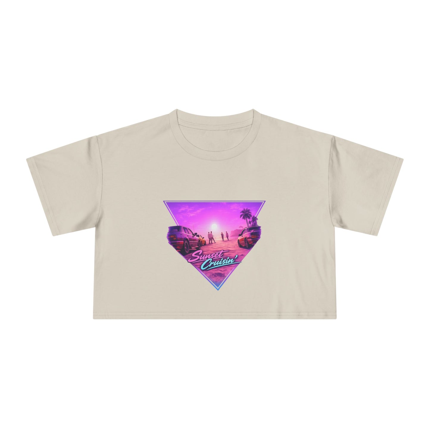Women's Retro Sunset Crop Tee — "Sunset Cruiser" Vaporwave Beach Graphic