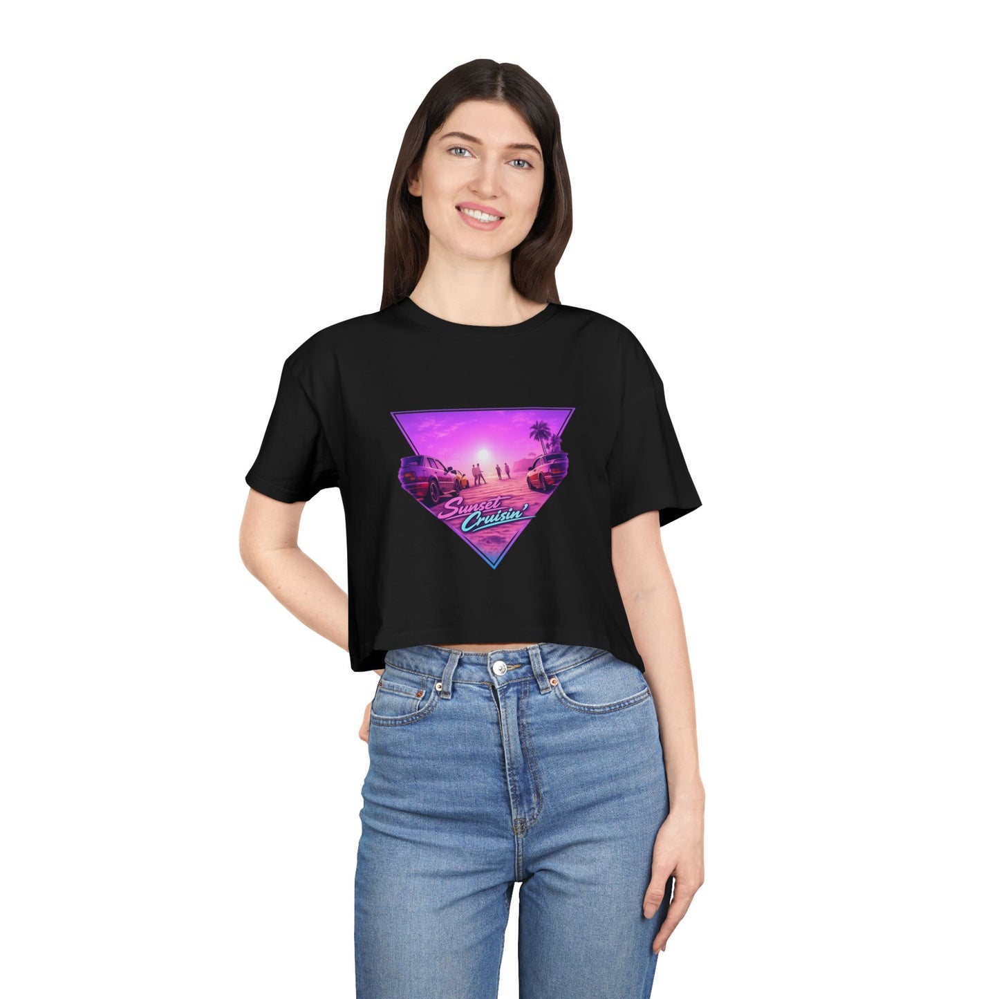 Women's Retro Sunset Crop Tee — "Sunset Cruiser" Vaporwave Beach Graphic