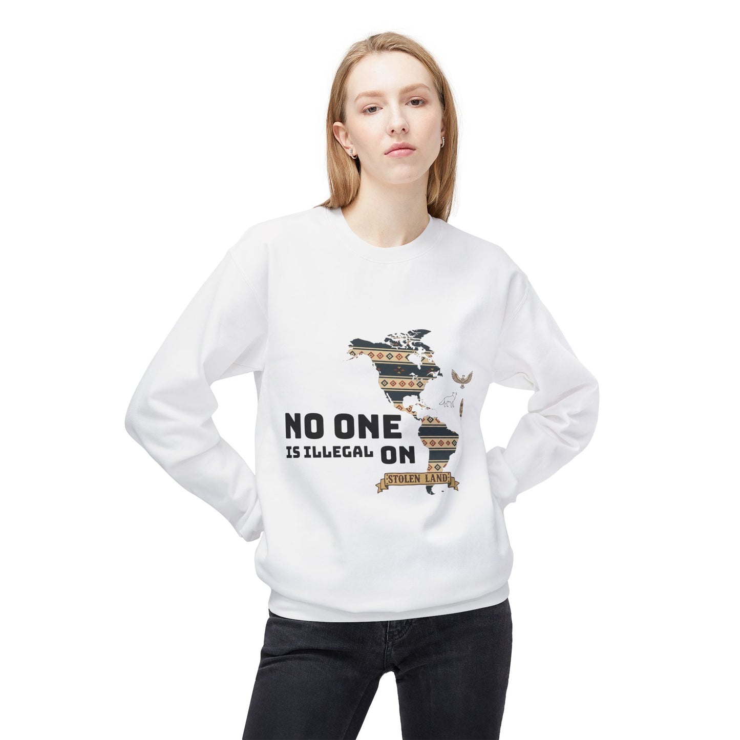 Women's Sweatshirt — "No One Is Illegal on Anishinaabe Land" Native America Solidarity Crewneck