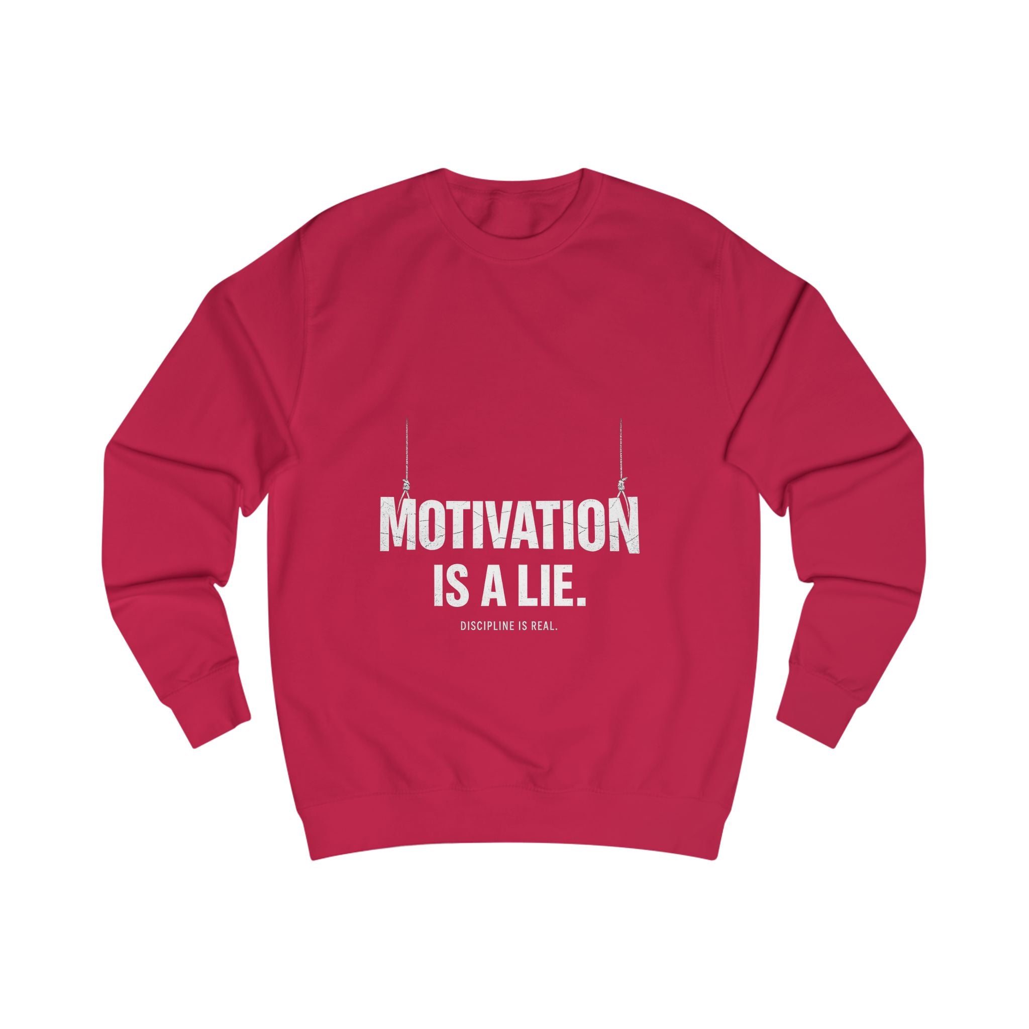 Motivation Is A Lie Sweatshirt — Dark Minimal Graphic Crewneck for Skeptics & Gym Humor