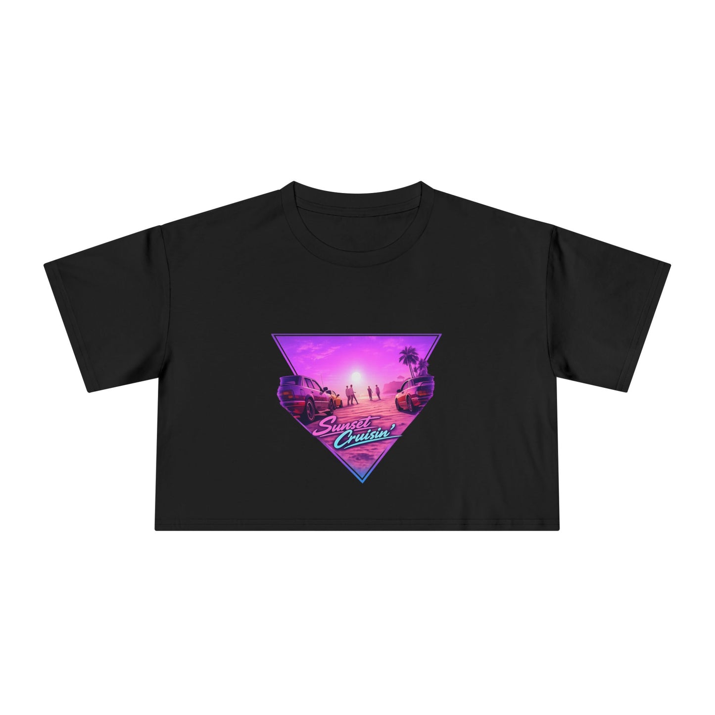 Women's Retro Sunset Crop Tee — "Sunset Cruiser" Vaporwave Beach Graphic