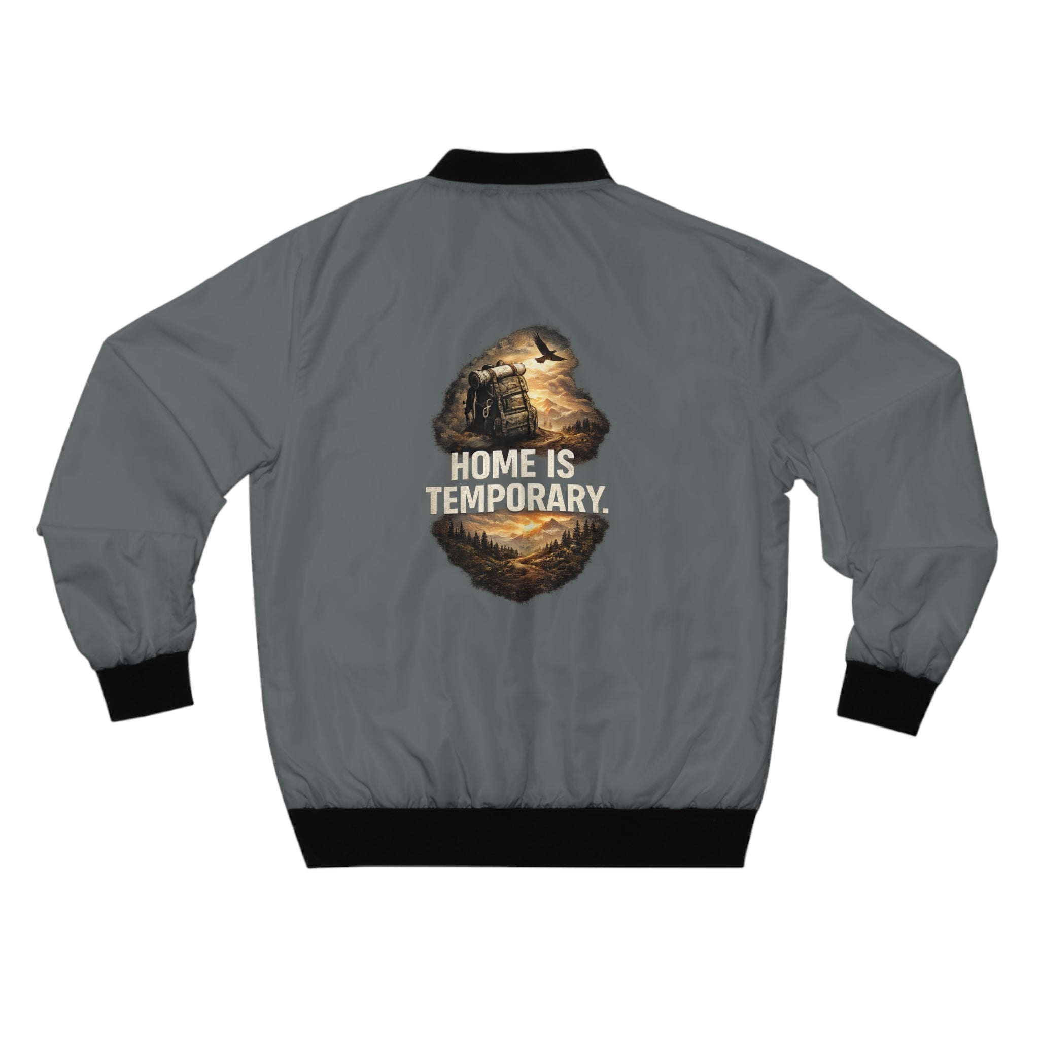 Bomber Jacket — "Home Is Temporary" Adventure Graphic