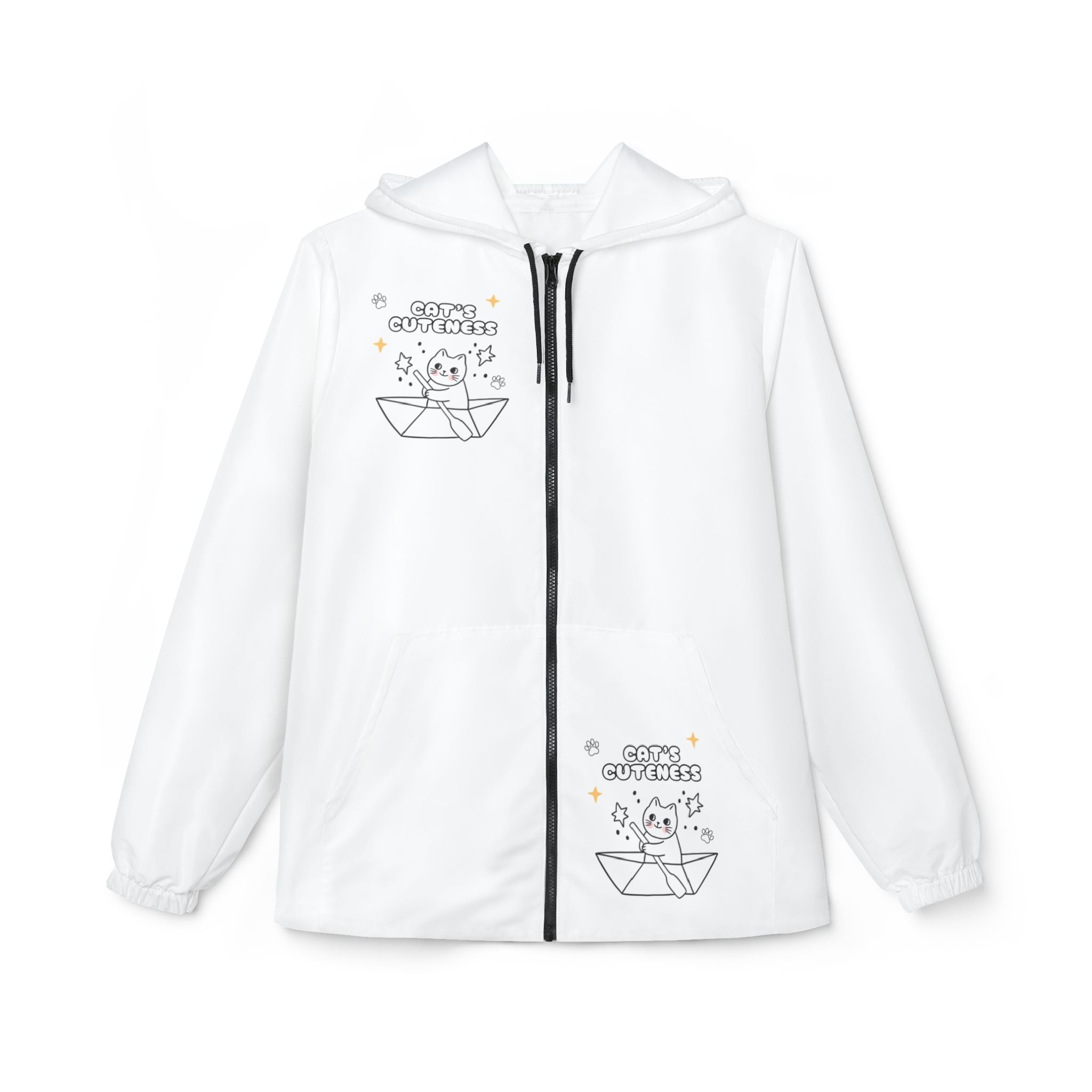 Cute Cat Paper Boat Windbreaker Jacket — "Sail On" Hooded Packable Jacket
