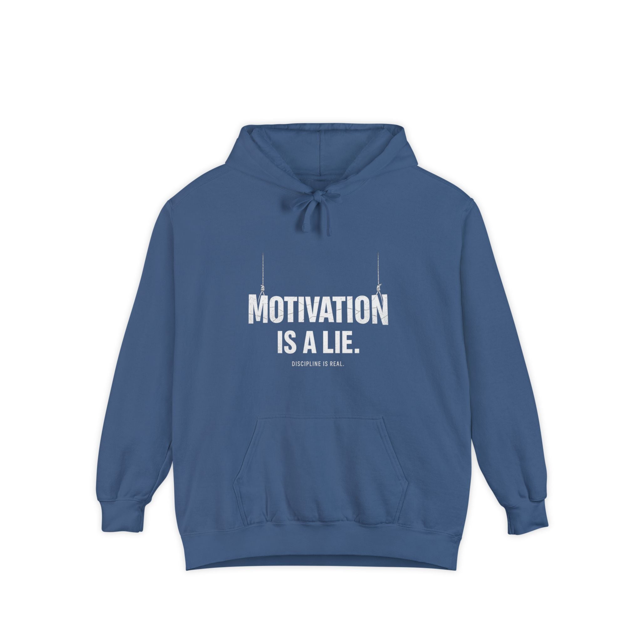 Motivation Is a Lie Hoodie — Dark Garment-Dyed Statement Sweatshirt