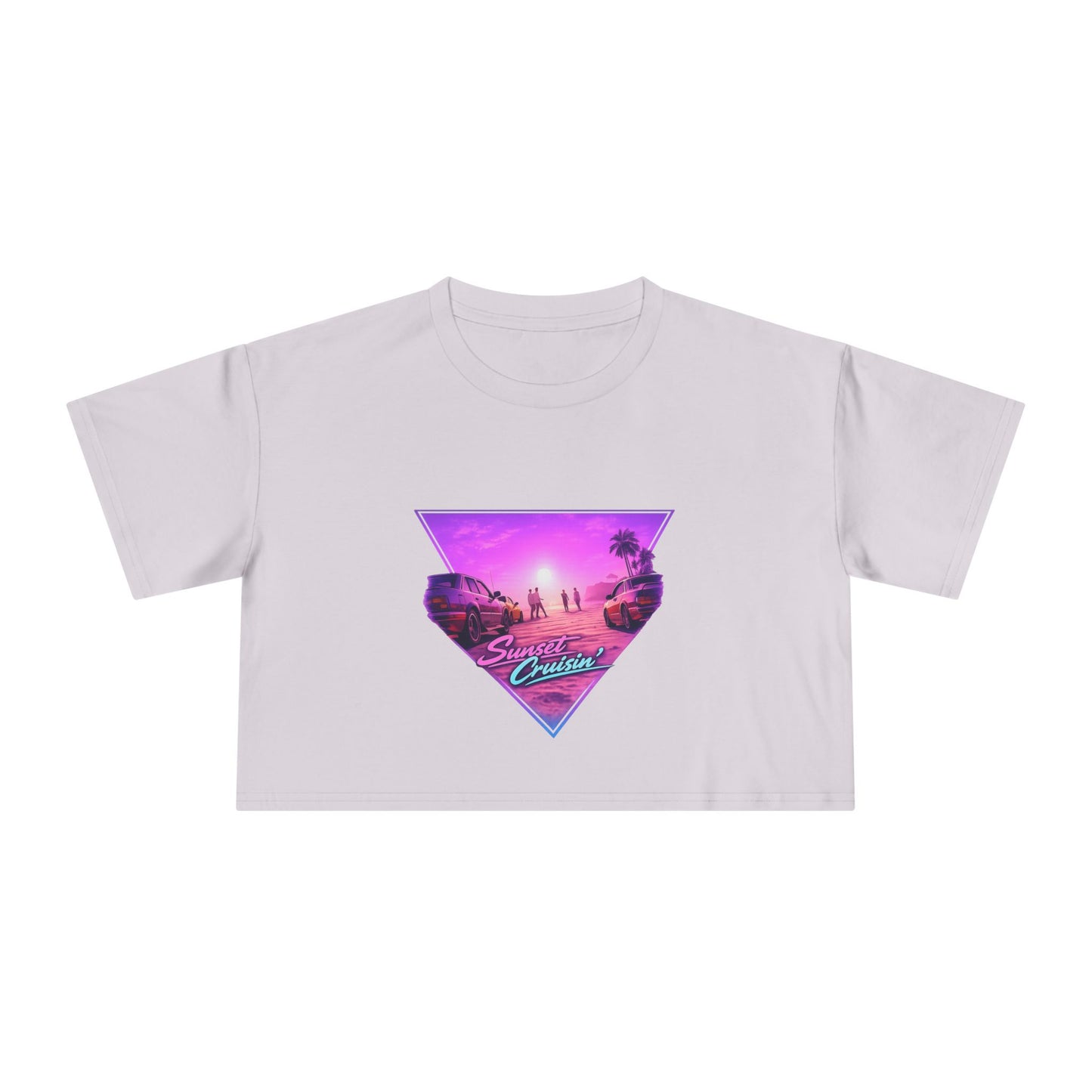 Women's Retro Sunset Crop Tee — "Sunset Cruiser" Vaporwave Beach Graphic